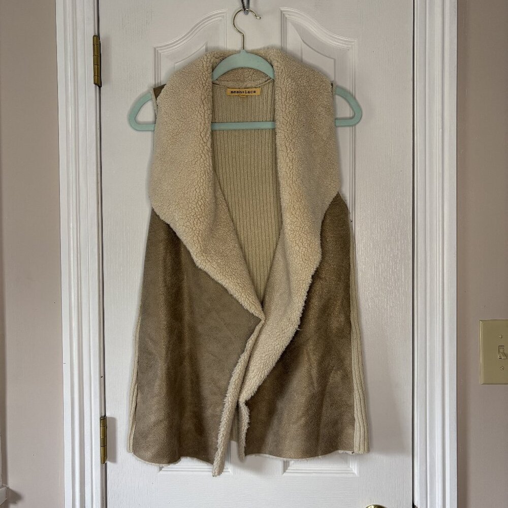 Mesh + Lace Long Vest, Faux Leather, Knit, Sherpa Lined, Tan, size S